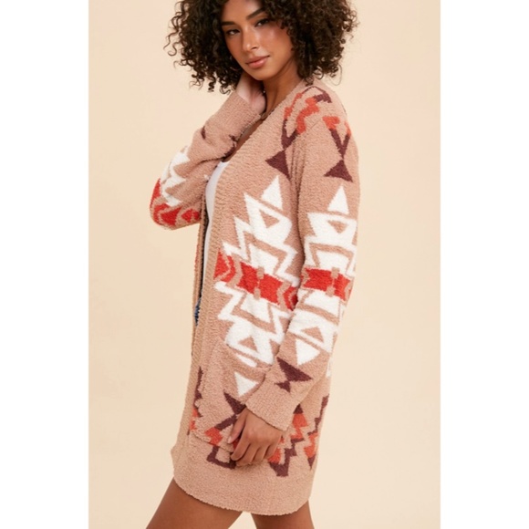 SOLD OUT Sand Multi Color Aztec Tribal Fuzzy Soft Knit Cardigan Sweater - Picture 8 of 11